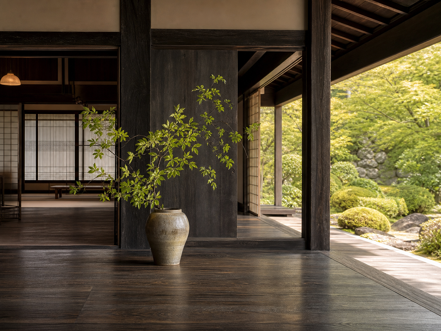 庭を望む伝統的な和の空間と枝ものの花器
