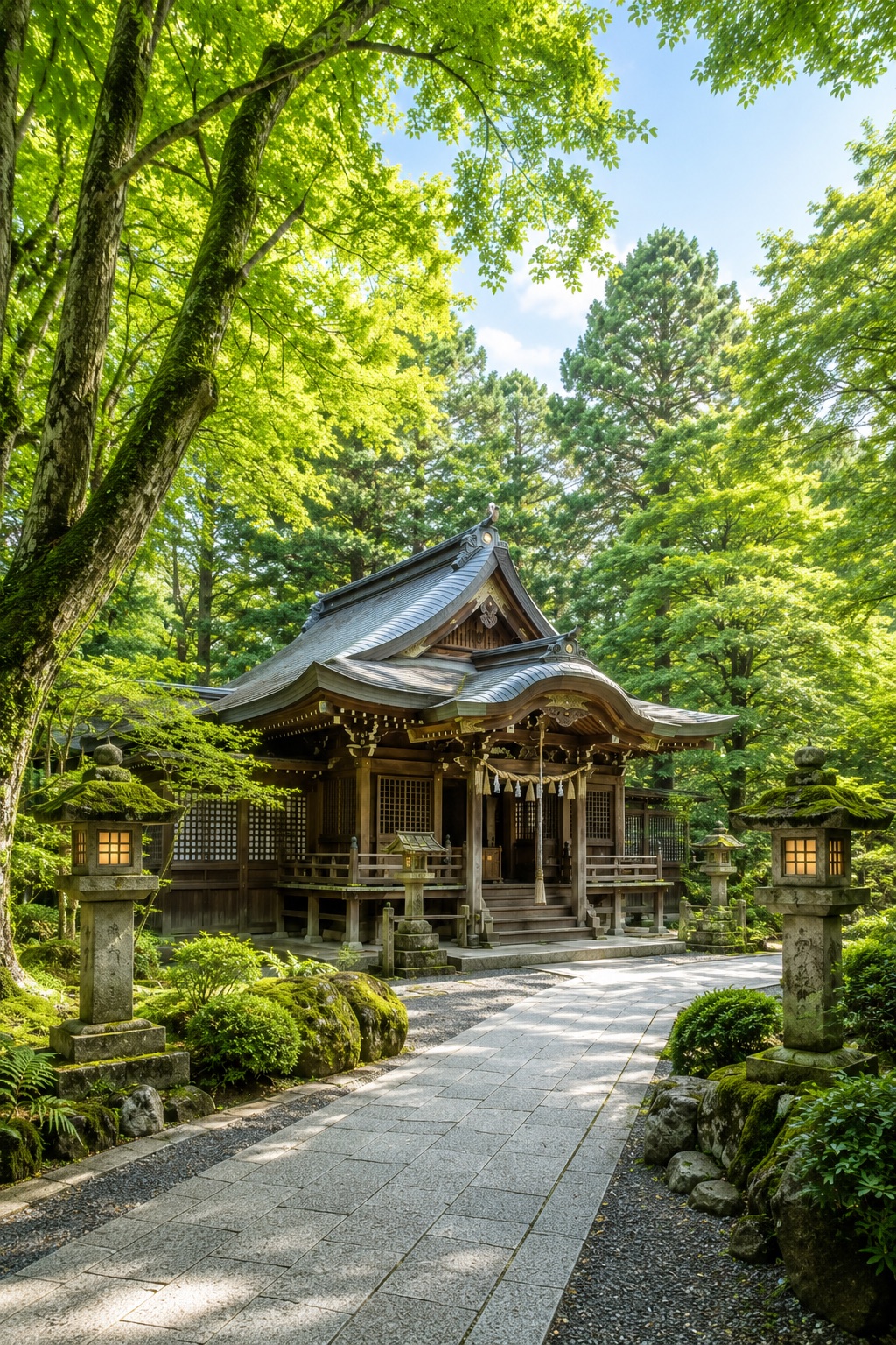 緑に囲まれた神社の社殿と参道