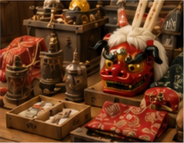 獅子頭や祭具など寺社の道具が並ぶ様子